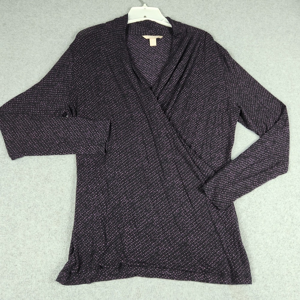 Banana Republic Top Women XL Black Purple Printed Casual Long Sleeve Wrap V Neck